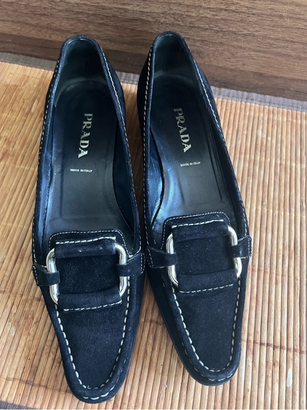 Prada Black Suede Loafers With Silver Tone Buckle Contrast Stitching Sz 36 Italy - Picture 15 of 16
